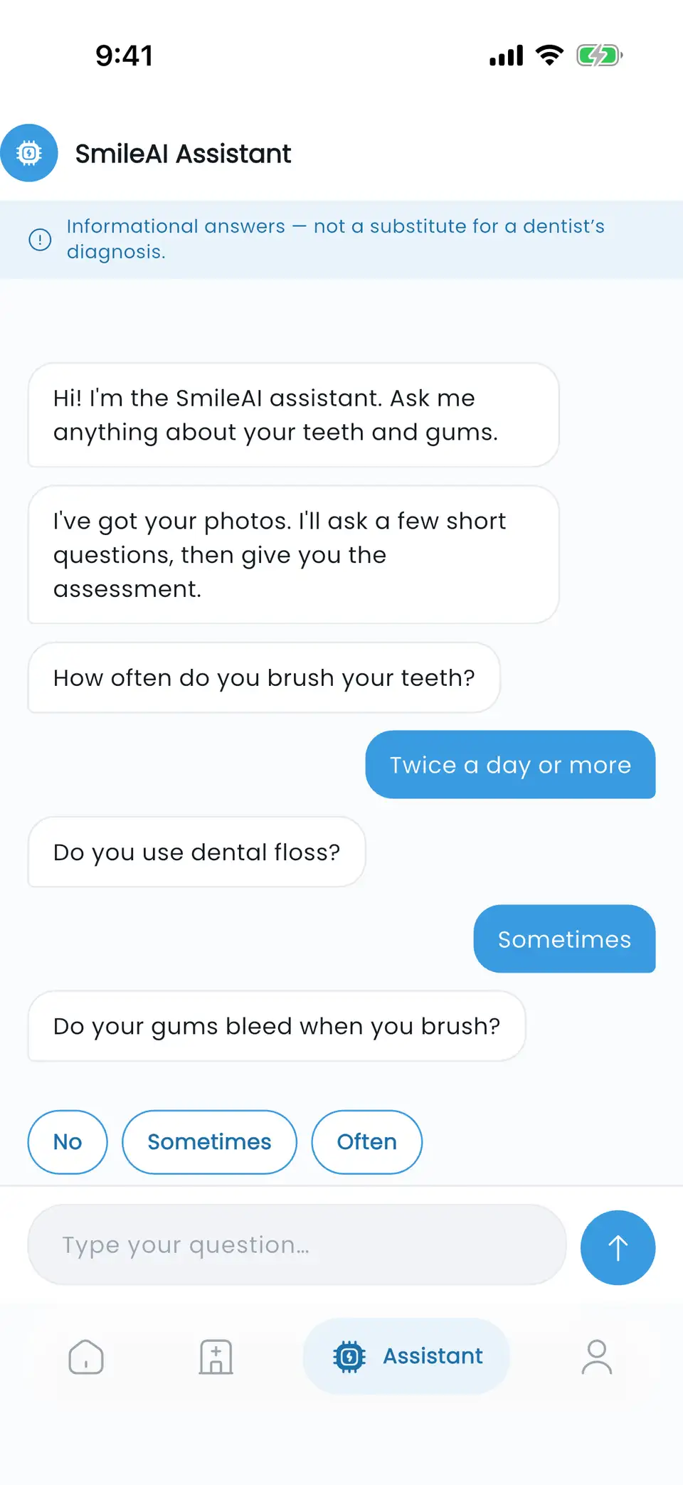 SmileAI assistant asking the check's short questions, with answer chips