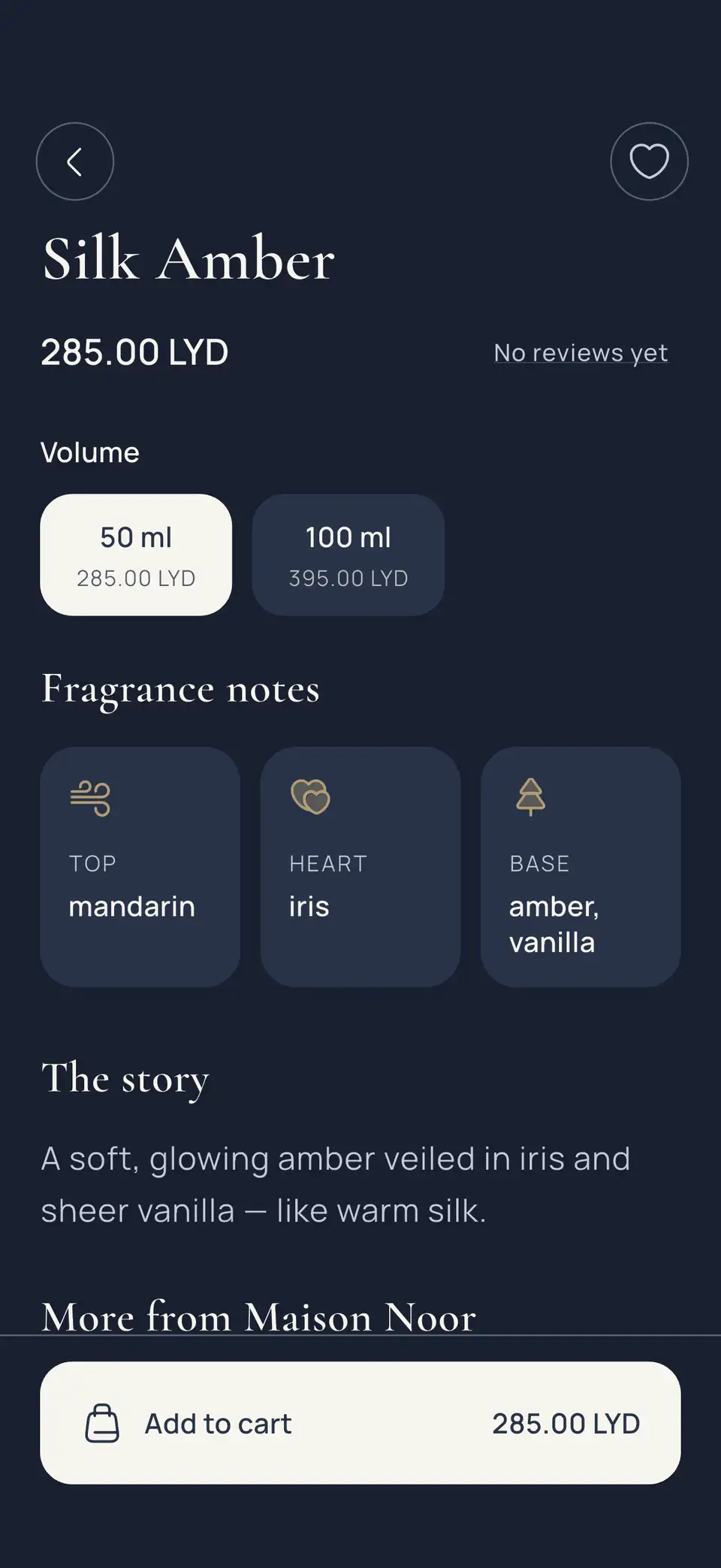 Fragrance notes on the perfume page: top, heart and base, then the story