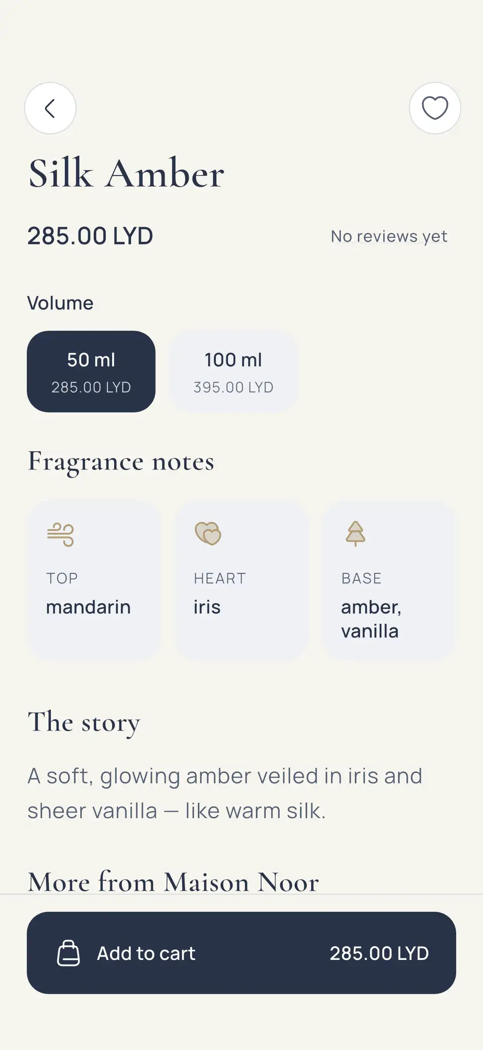 Fragrance notes on the perfume page: top, heart and base, then the story